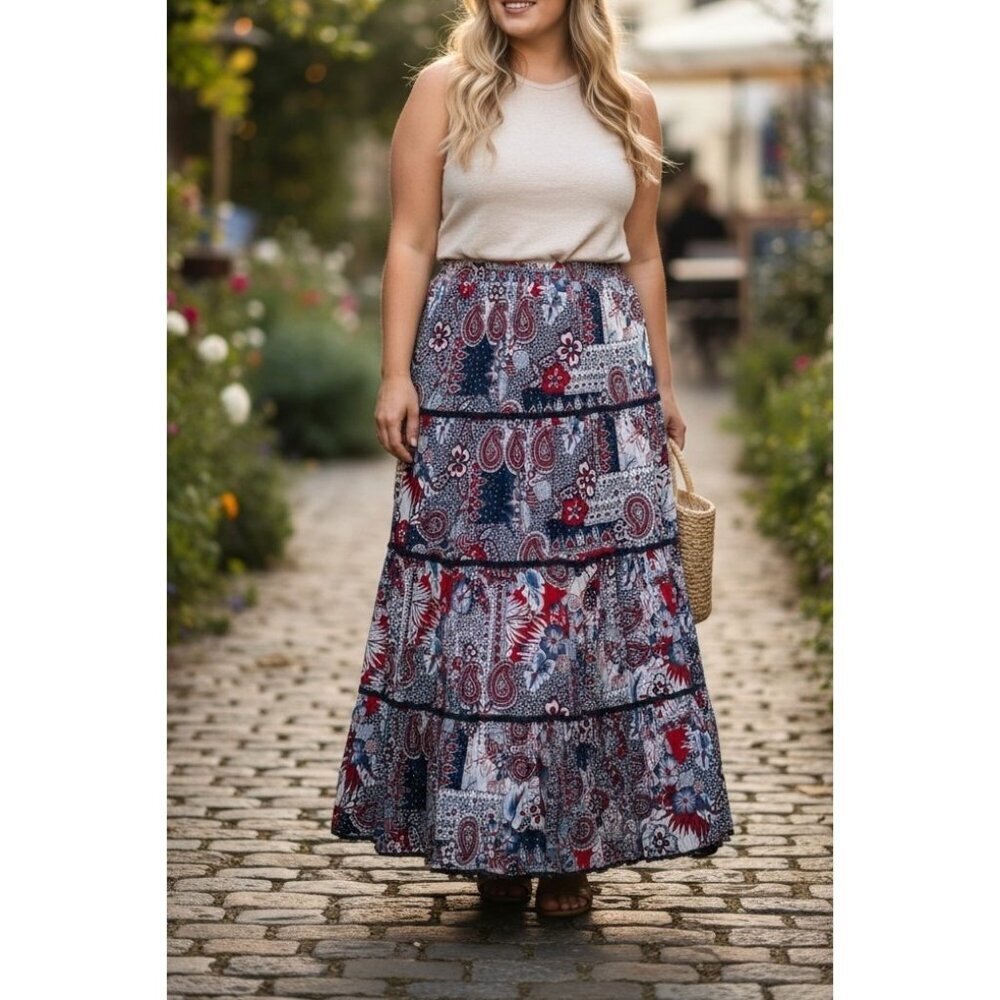Vintage Koret City Blues Patchwork Boho Broomstick Maxi Skirt Red White Blue 24W